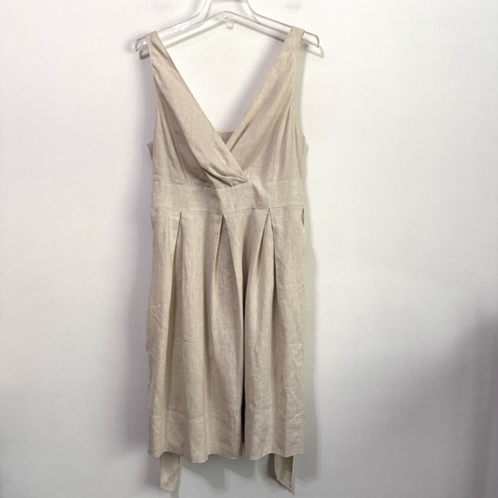 Talbots Linen Surplice Dress 16P Beige Tank Tie Back Lined Summer Party NEW